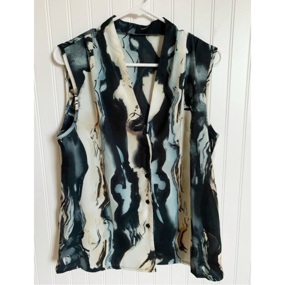 Marble Print Button Down Collared Sleeveless Blouse Top - Picture 11 of 11